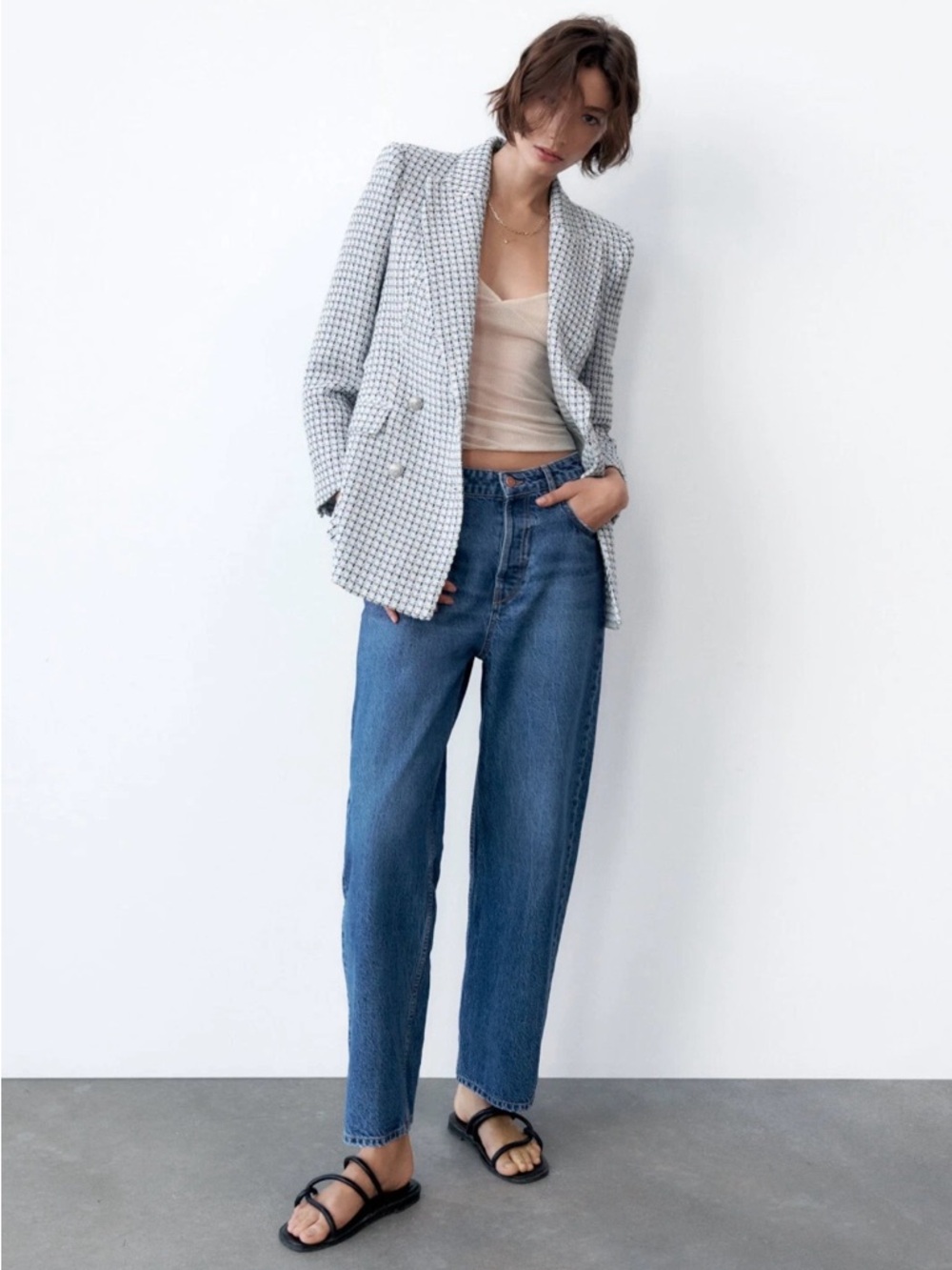 ZARA Textured Double-Breasted Tweed Blazer Blue XS